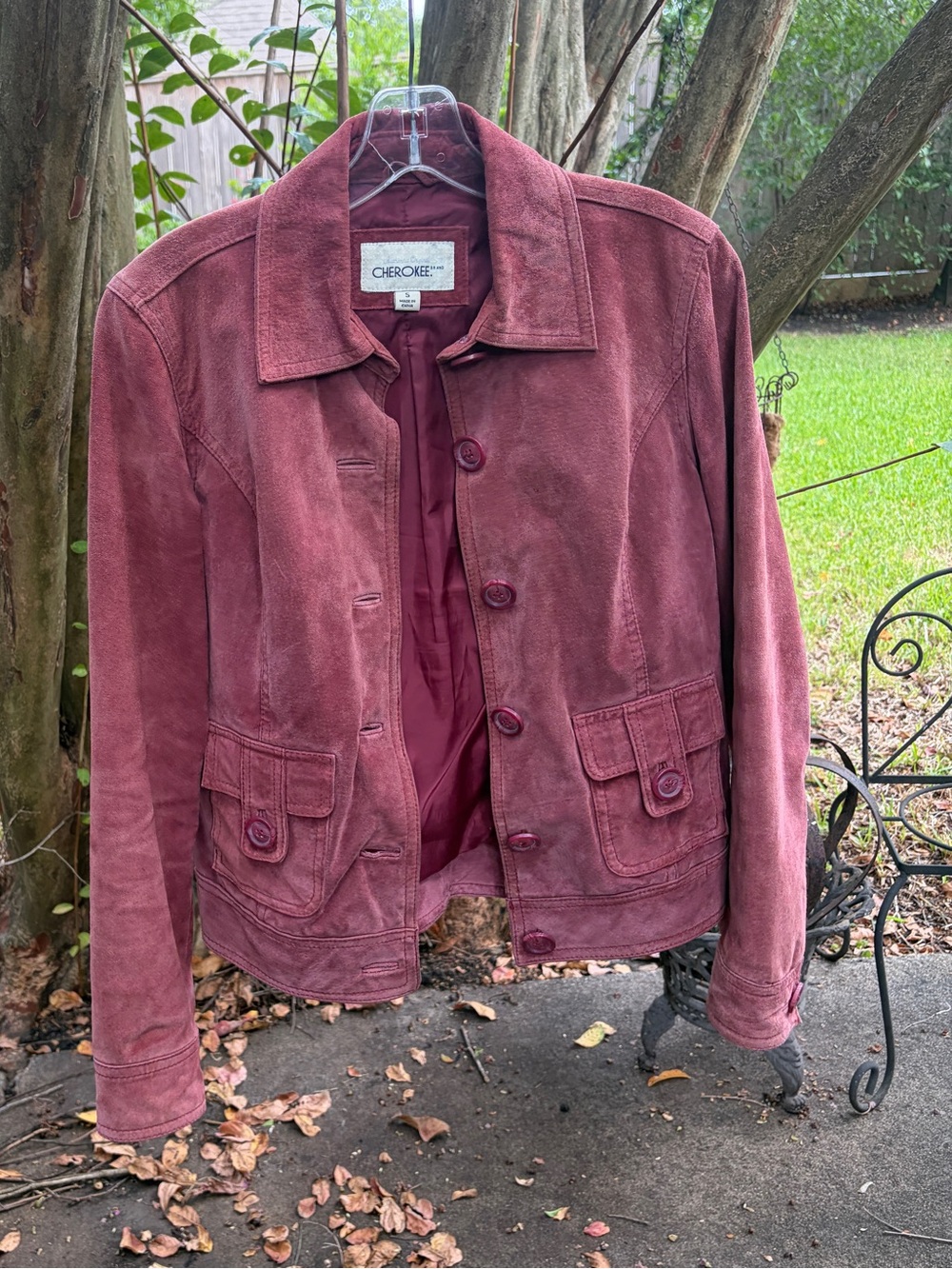 Vintage Y2K Cherokee Suede Leather Jacket Burgundy Womens SZ S Western Boho